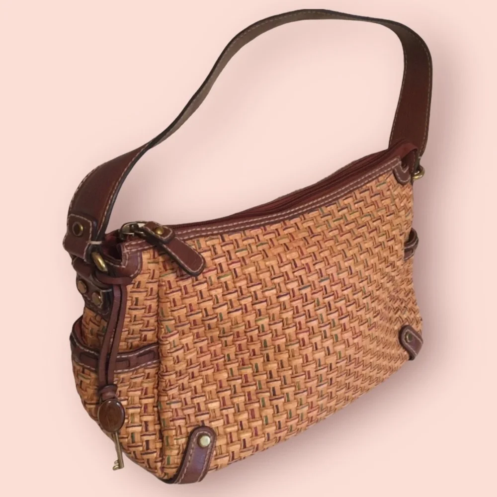 Fossil Vintage Straw Leather Satchel with Key